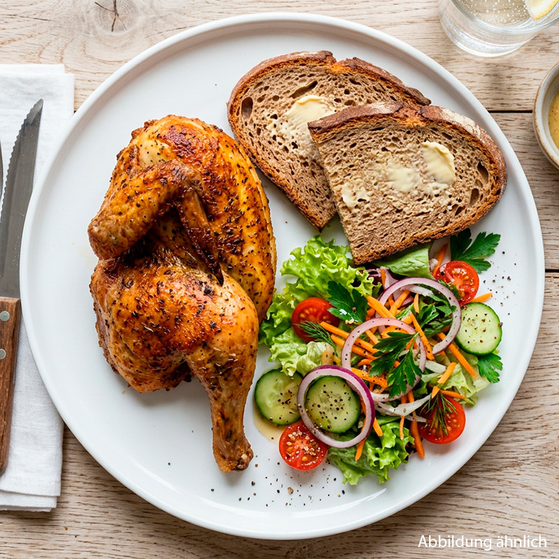 37 - Halbes Buttergrillhähnchen mit Brot und Salat